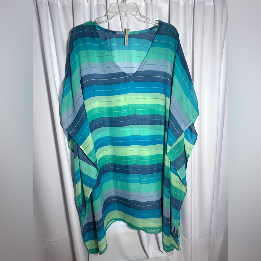 HELEN JON Green & Blue Striped Sheer Cover-Up Sz L
